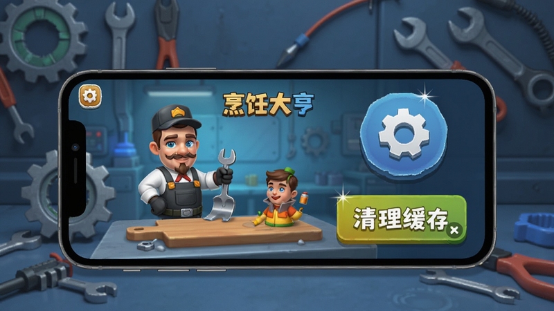 烹饪大亨游戏问题解决预览图,画面展示一部手机屏幕上有游戏运行界面,旁边有设置齿轮图标和清理缓存按钮,背景为技术维修风格,色调冷静,突出解决方案主题