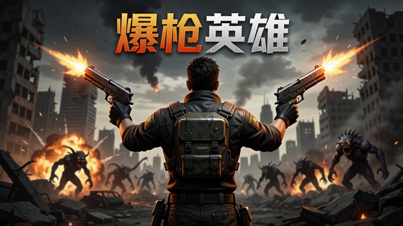 爆枪英雄手机版游戏主视觉图,画面中央是手持双枪的主角背影,身处末日废土城市废墟中,远处是爆炸的火光与变异怪物剪影,整体色调偏暗但枪口火焰明亮,风格写实,具有电影感,背景区域为硝烟弥漫的天空与倒塌的大楼,画面主体突出角色与武器细节,横版构图,适合作为游戏宣传图