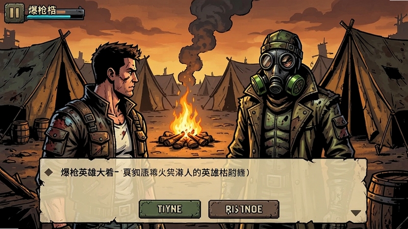 爆枪英雄手机版剧情对话界面,展示主角与NPC在破败的营地中交谈的场景,NPC是一位戴着防毒面具的神秘商人,身后是篝火与帐篷,界面下方有对话选项按钮,UI设计简洁,风格偏美式漫画,色彩浓郁,突出末日氛围,适合作为游戏剧情截图