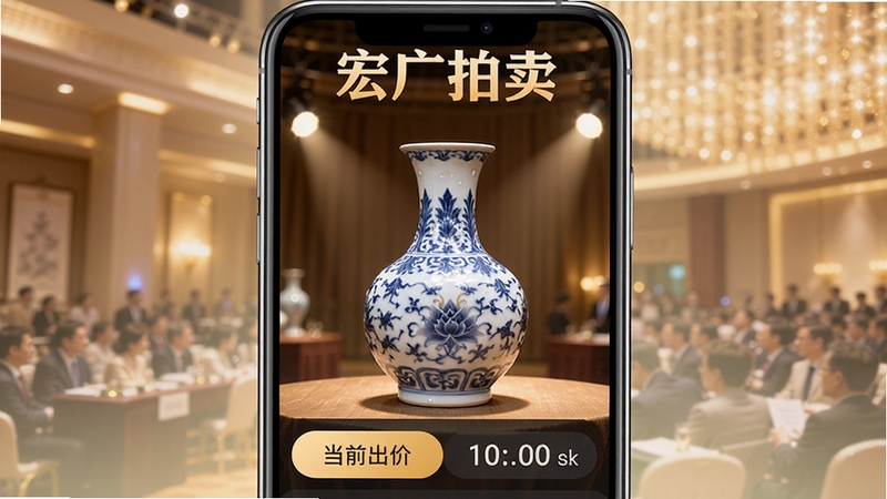 宏广拍卖app主界面预览图,画面中央展示一件精美的瓷器拍品,背景为柔和的拍卖会场灯光,界面清晰显示当前出价与倒计时,整体风格专业且富有质感,突出在线竞拍的紧张氛围,软件名称宏广拍卖醒目展示在屏幕顶部