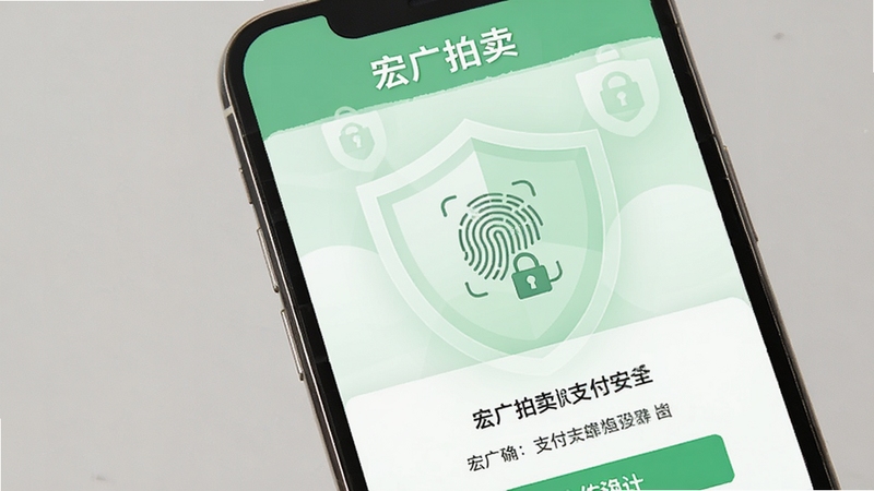 宏广拍卖支付安全界面设计图,画面展示手机屏幕上的支付确认页面,有指纹识别图标和加密锁标识,背景为淡绿色盾牌形状的防护图案,色彩清新,强调资金安全与平台可靠性,软件名称宏广拍卖出现在页面顶部
