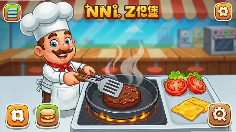 曼尼汉堡店2PC电脑版游戏制作汉堡玩法截图,画面中一个卡通厨师角色正用铲子翻动煎锅里的肉饼,旁边摆放着生菜、番茄、芝士等配料,操作提示图标清晰可见,色彩鲜艳,场景充满动感