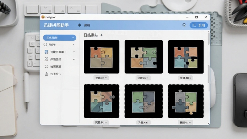 迅捷拼图助手主界面截图,展示简洁的操作面板和几种拼接模板,背景为浅灰色工作台,画面主体为软件窗口,突出其易用性和专业性,整体风格明亮清晰,适配Boogu模型生成