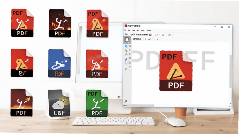 九雷PDF加密解密器兼容性测试示意图,显示多个不同PDF文件图标排列在桌面上,软件主窗口打开其中一个文件,背景为白色,象征软件对多种PDF格式的广泛兼容性