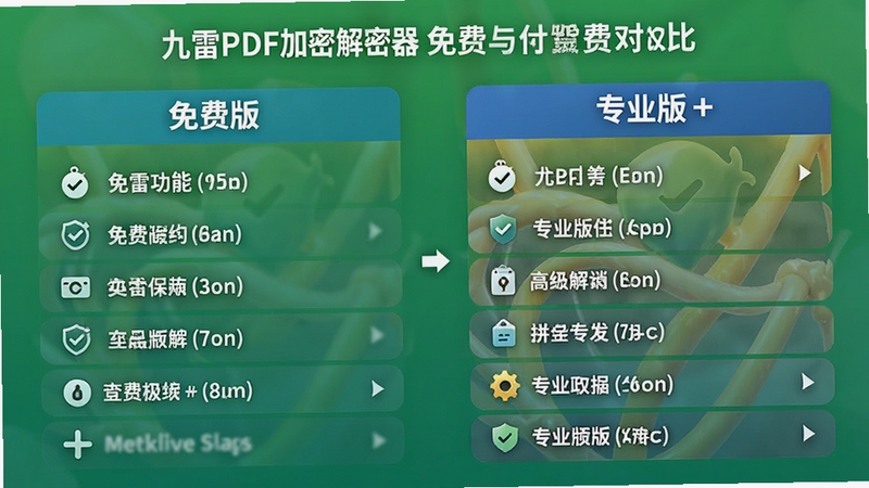 九雷PDF加密解密器免费与付费功能对比图,左侧为免费版功能列表,右侧为专业版功能列表,背景为绿色渐变,突出免费功能的实用性,同时体现专业版的高级特性