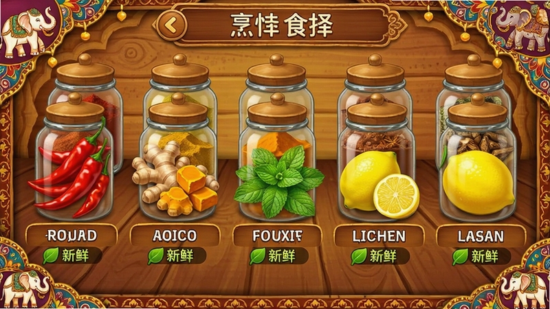 印度烹饪明星游戏食材选择界面,画面中展示了一排排整齐的香料罐和新鲜食材,包括红辣椒、姜黄块、薄荷叶、柠檬等,每个食材下方标注名称和新鲜度图标,界面采用暖黄色调,木纹背景,食材色彩鲜艳,画面清晰,具有印度风情装饰元素,如大象图案和花纹边框。