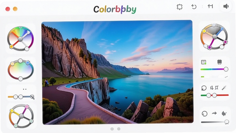 一张Colorby图片软件主界面的高清截图,画面中央展示一张色彩鲜艳的风景照片,周围环绕着各种色彩调整工具图标,背景为干净的浅灰色调,整体风格简洁现代,突出软件名称Colorby图片,画面光线柔和,细节清晰,适配竖屏手机显示,采用写实渲染风格。