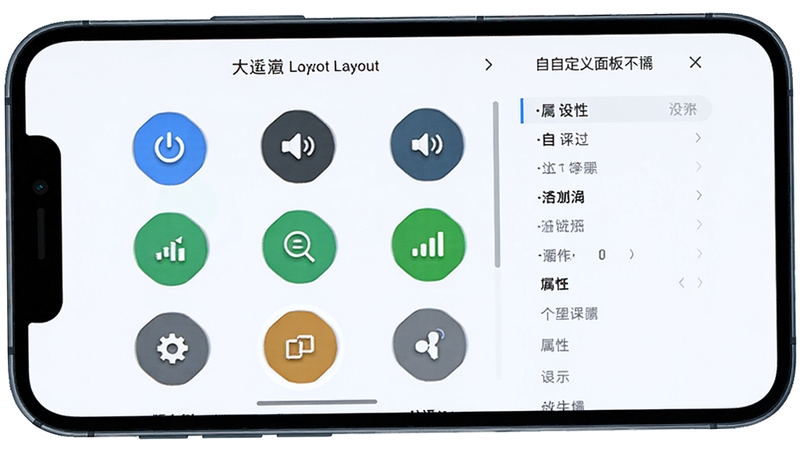 万能手机遥控一键连自定义面板编辑界面,显示可拖动的圆形按键图标,包括电源、音量、信号源等,右侧有属性设置栏,背景为浅白色,画面主体为手机屏幕特写,界面整洁明亮,强调个性化布局