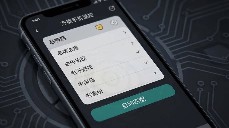 万能手机遥控一键连软件界面展示电视遥控码库匹配过程,屏幕中央显示品牌选择列表,下方有“自动匹配”按钮,背景为深灰色科技感风格,画面主体为手机界面特写,光线聚焦于屏幕,细节清晰,整体氛围专业