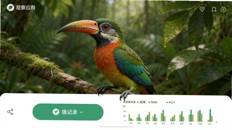 观察猿应用主界面预览图,画面中央展示一只色彩鲜艳的鸟类,背景为模糊的森林绿植,界面下方有清晰的记录按钮和数据图表,整体风格清爽自然,突出软件的科学记录与观测功能,画面比例为16:9,高清渲染。