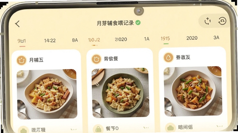��ѿ��ʳι����¼ʱ���߽��棬�ֻ���Ļ����ʾ���������еļ�¼��Ƭ��ÿ�ſ�Ƭ���вʹ�ͼ���ʳ����Ƭ������Ϊ����ɫ��������ͬ��״̬��ʶ��������������