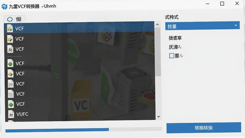 九雷VCF转换器批量转换操作界面,左侧文件列表显示多个VCF文件,右侧格式选择下拉菜单,底部有进度条和转换按钮,界面简洁专业