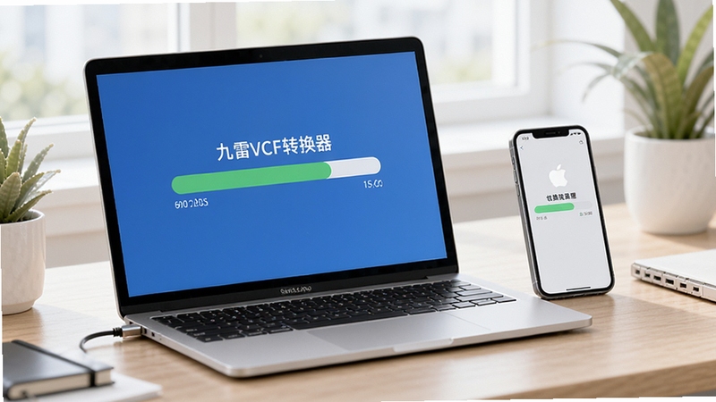 九雷VCF转换器使用场景示意图,一台笔记本电脑旁放有手机,屏幕上显示转换进度条,整体风格明亮,突出跨设备通讯录管理
