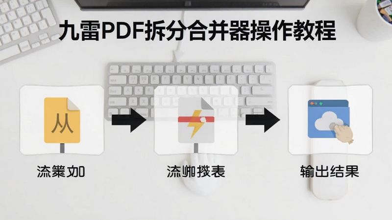 九雷PDF拆分合并器操作教程示意图,展示从添加文件到输出结果的完整流程,用箭头指示操作顺序,背景为浅灰色工作台,风格简洁明了