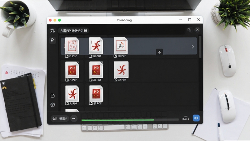 九雷PDF拆分合并器合并功能操作界面,显示多个PDF文件拖入列表,状态栏显示合并进度条,背景为办公桌面的俯视图,氛围专业而高效