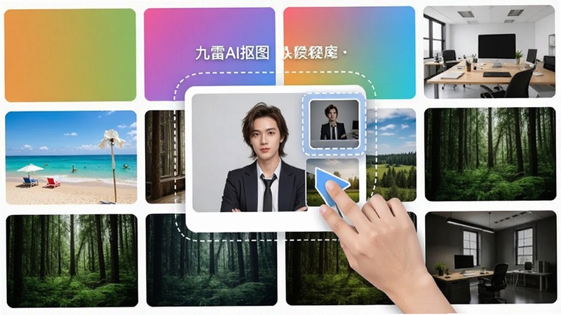 九雷AI抠图换背景模板库展示图,画面中排列着多种风格的背景缩略图,包括纯色、渐变、办公室、海滩、森林等,中央有一张人物照片正在拖拽到背景模板上的操作示意图,强调一键替换的便捷性,整体界面色彩丰富,布局整齐。