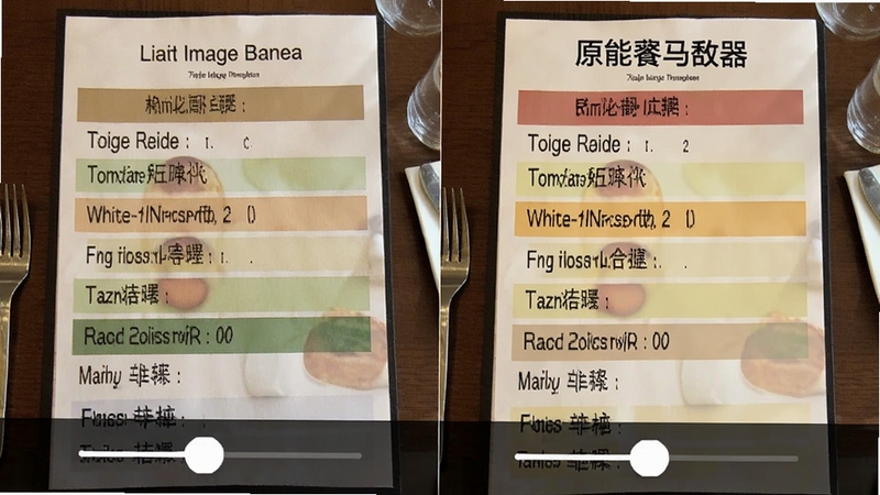 对比效果展示图,左侧为一张英文的餐厅菜单照片,右侧为万能图片翻译器翻译后的中文菜单效果图,翻译文字完美贴合原文字位置,字体格式、背景色块均保持一致,整体视觉风格协调自然,下方有切换原图与翻译图的滑动按钮