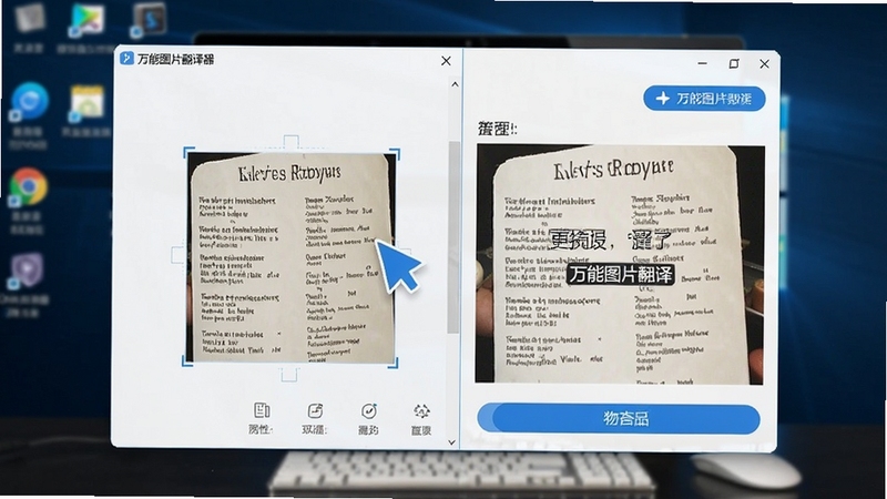 一张现代简洁的软件主界面预览图,展示万能图片翻译器将一张含有英文菜单的图片拖入软件后,右侧即时显示中文翻译结果的场景,界面以蓝白科技色调为主,布局清晰,功能按钮标识明确,背景为虚化的电脑桌面环境