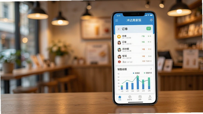 一张智能手机屏幕展示冲达商家版主界面的场景,手机放在木质桌面上,屏幕中显示订单列表和销售图表,背景是温馨的实体店铺,暖色调灯光,画面清晰,商业风格,突出软件名称“冲达商家版”