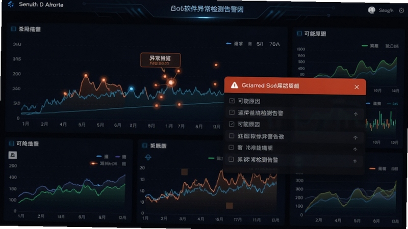 追因软件异常检测告警界面截图,显示实时监控大屏上标注出异常数据点,并弹出告警窗口列出可能原因列表,背景为深色科技风格,数据图表动态闪烁