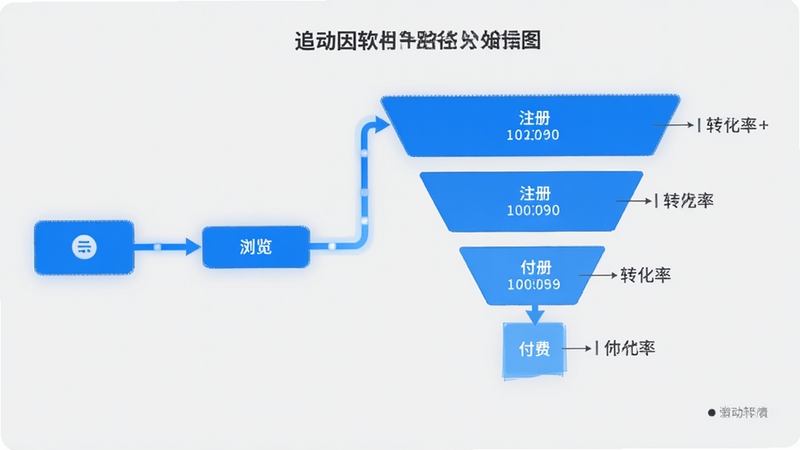 追因软件用户路径分析图,呈现从启动、浏览、注册到付费的转化漏斗,各步骤转化率清晰标注,背景为浅灰色,路径线条以蓝色高亮,整体简洁明了