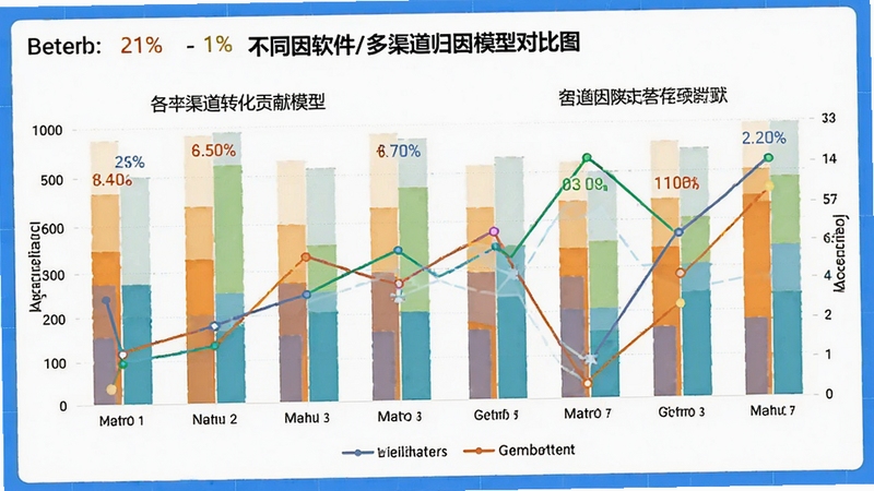 追因软件多渠道归因模型对比图,展示不同模型下各渠道转化贡献的柱状图与折线图,界面明亮清晰,色彩区分明显,突出数据分析的直观性