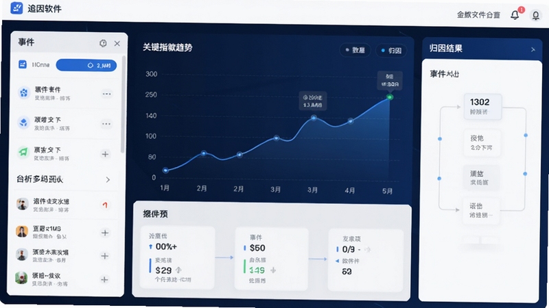 追因软件主界面预览图,展示其清晰的数据看板与归因分析流程图,界面以深蓝色和白色为主色调,中央显示关键指标趋势图,左侧为事件列表,右侧为归因结果面板,整体风格现代简洁,适合科技类工具软件配图