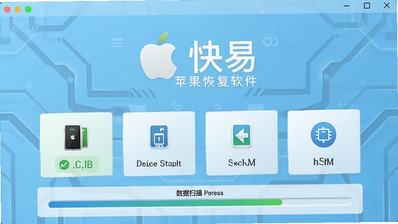 快易苹果恢复软件主界面预览图,展示设备连接状态与数据扫描进度条,背景为干净的浅蓝色技术风格,画面中心是软件名称logo与主要功能图标排列