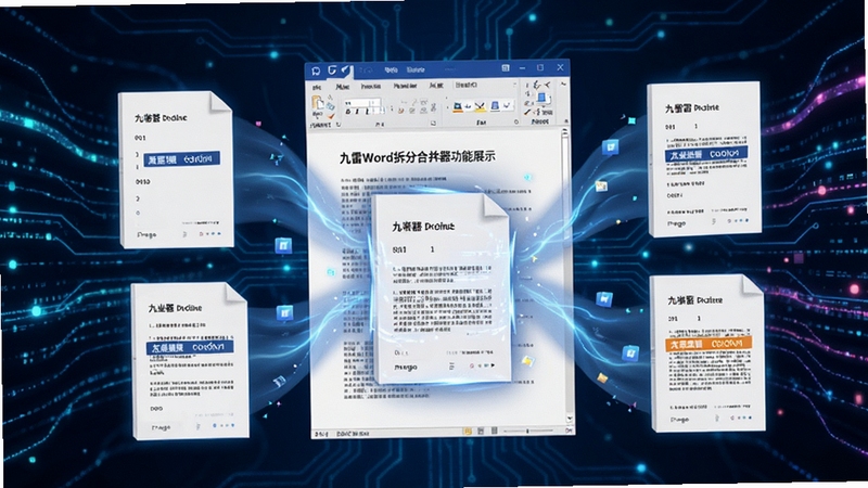 九雷Word拆分合并器功能展示图,画面中央显示一个Word文档被智能分割成多个独立文件的动画效果,每个文件带有清晰的页码和标题标签,背景为科技感的数据流线条,突出软件的高效与精准