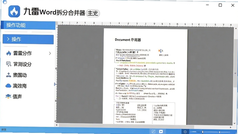 九雷Word拆分合并器主界面预览图,展示软件logo和简洁的功能分区布局,左侧为操作选项列表,右侧为文档预览区域,整体色调以蓝白为主,呈现专业高效的办公软件风格