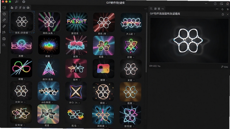 GIF制作高级版特效滤镜库界面截图,展示各种动态效果缩略图与预览窗口,色彩丰富,特效图标排列整齐,背景为深色工作区