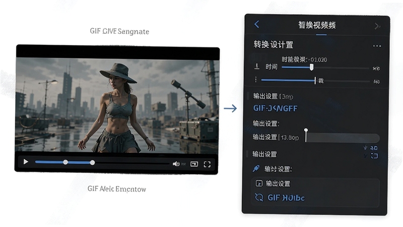 GIF制作高级版智能视频转GIF功能示意图,画面左侧为视频播放器,右侧为转换参数设置面板,展示时间轴裁剪与输出设置,整体风格专业现代