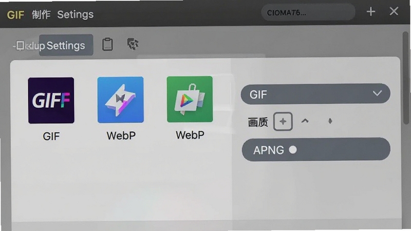 GIF制作高级版导出格式选择界面,展示GIF、WebP、APNG等格式图标与画质选项,背景为导出设置面板,风格简洁清晰