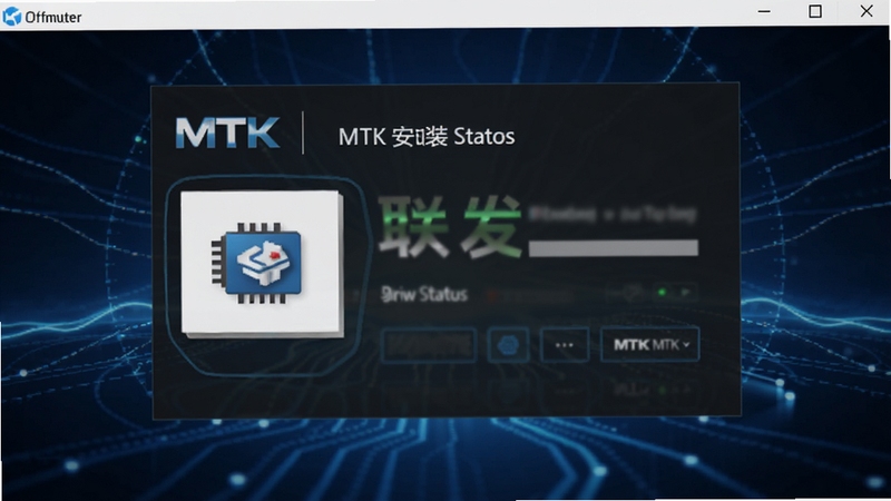 MTK软件主界面预览图,画面中央显示驱动安装状态面板,背景为深蓝色科技感光效,整体风格简洁清晰,突出软件名称MTK与联发科芯片标识