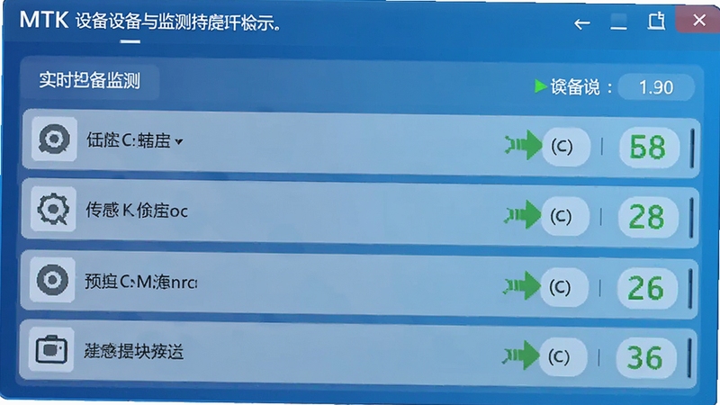 MTK设备连接监测界面截图,画面中显示已连接设备列表及状态图标,背景为蓝色渐变界面,体现实时监测与状态提示功能