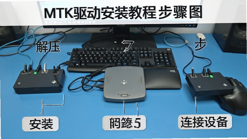 MTK驱动安装教程步骤图,画面分步展示解压、安装、连接设备三个环节,背景为电脑桌面,配以文字标注,清晰明了