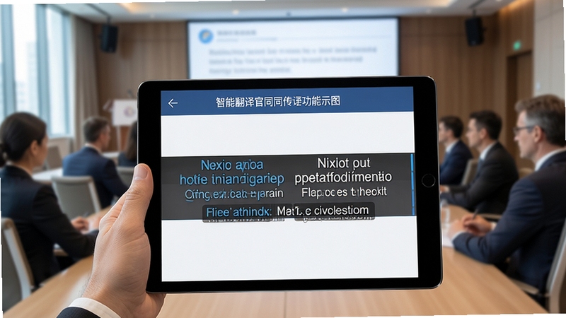 智能翻译官同声传译功能示意图,平板电脑显示双语字幕实时滚动,背景为会议场景,界面清晰,突出软件名称与实时翻译能力