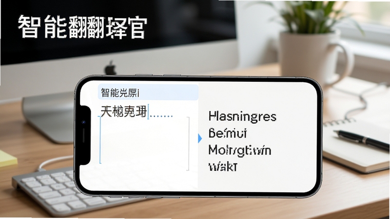 智能翻译官文本翻译功能展示图,手机屏幕显示中英对照翻译结果,左侧输入中文,右侧显示英文,界面清晰,背景为工作桌面场景,突出软件名称与翻译准确性