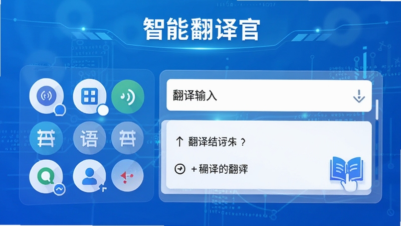 智能翻译官主界面预览图,展示多语种切换、输入框与翻译结果区域,背景为渐蓝色科技感界面,图标醒目,整体风格简洁现代,突出软件名称与核心翻译功能