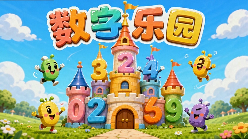 数字乐园全貌预览图,画面中央是一个由数字0到9组成的彩色城堡,城堡周围有卡通数字小精灵在跳舞,背景是蓝天白云和绿草地,整体风格明亮活泼,适合儿童审美,数字乐园字样醒目地出现在城堡上方