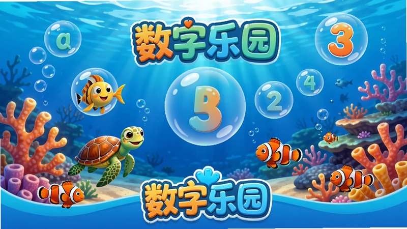 数字乐园海洋主题场景图,画面展示海底世界,有珊瑚、海龟、小丑鱼,数字泡泡从海面冒出来,界面有数字乐园的logo,整体色调为蓝色和橙色,明亮活泼
