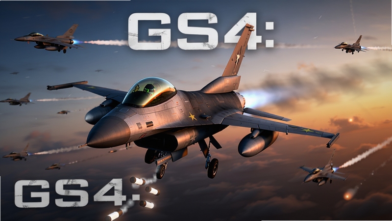 GS4: 真实空战游戏主视觉图,画面中央是一架F-16战斗机正在释放干扰弹,背景为黄昏时分的云端战场,远处有敌方战机拖曳的尾迹,整体色调偏冷蓝与橙红交织,突出真实感与紧迫感,适合作为游戏宣传封面。