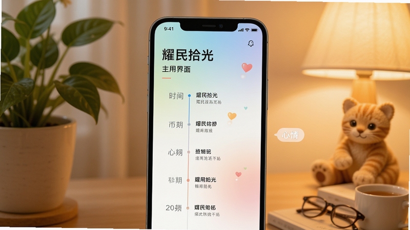 耀民拾光应用主界面预览图,展示时间轴与心情标签的清爽设计,背景为柔和渐变色调,主体为手机屏幕中的时间线布局,搭配绿植与暖光环境,营造温馨记录氛围