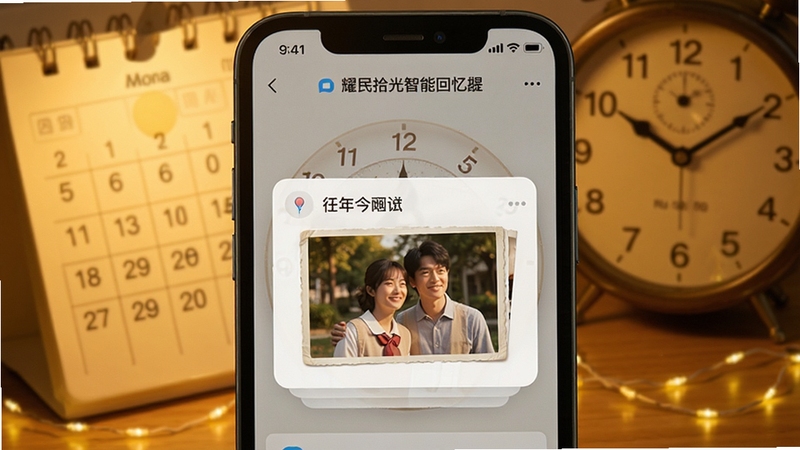 耀民拾光智能回忆提醒界面,手机推送通知样式展示往年今日照片,背景为日历与时钟元素,暖黄色灯光点缀,传递怀旧与温馨感