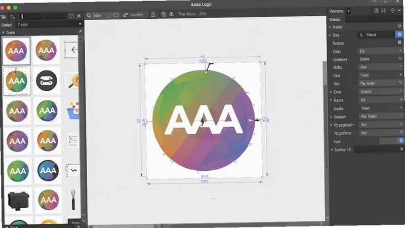 AAA Logo软件主界面预览图,展示左侧素材库、中央画布与右侧属性面板,背景为明亮的浅灰色工作区,界面简洁现代,画布上有一个正在编辑的彩色圆形Logo,整体风格清新专业,适合作为软件介绍的首张展示图