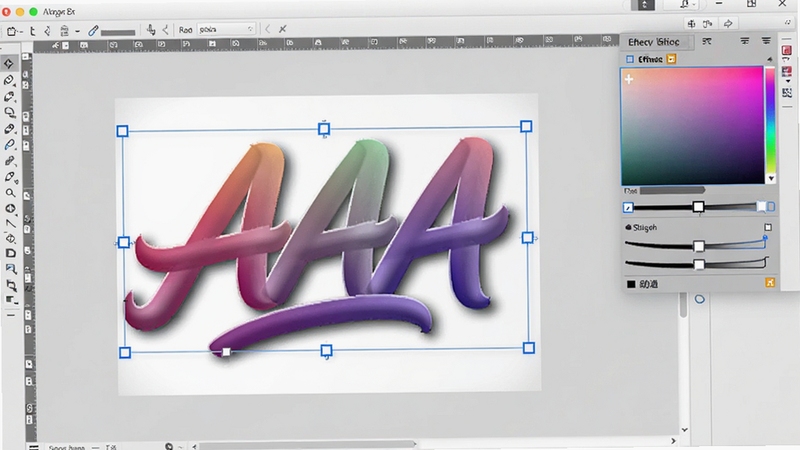 AAA Logo软件文字编辑功能预览,画布中显示一个被选中的艺术字Logo,周围有控制手柄与特效面板,展示渐变、阴影和描边效果,背景为软件默认画布,界面整洁,突出文字设计功能