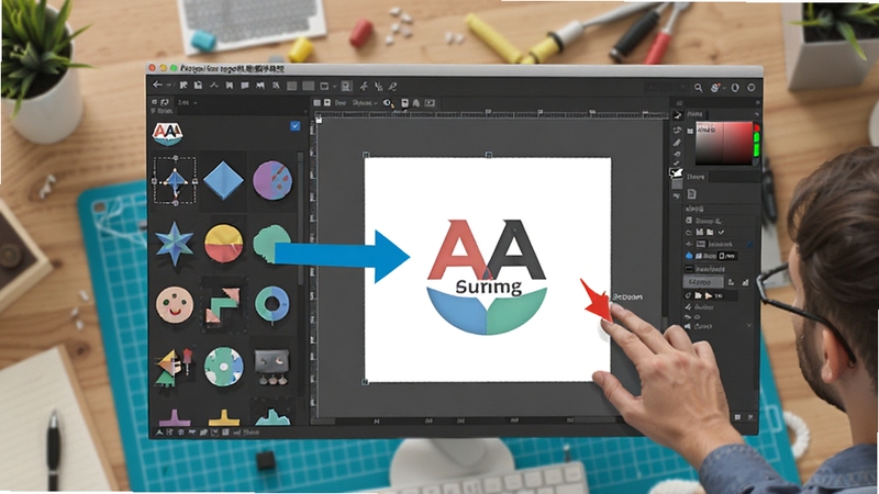 AAA Logo软件操作教程插图,显示用户正在拖拽素材库中的图形到画布上,画布中有一个半成品的Logo设计,界面为软件默认风格,搭配箭头指示操作步骤,背景为工作台,清晰展示软件使用过程