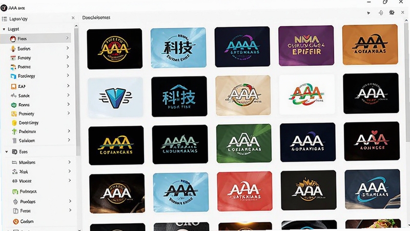AAA Logo软件内置模板库界面,左侧分类列表,右侧展示各种彩色Logo模板缩略图,包括餐饮、科技、教育等分类,背景为软件默认的白色界面,整体布局清晰,方便用户浏览选择
