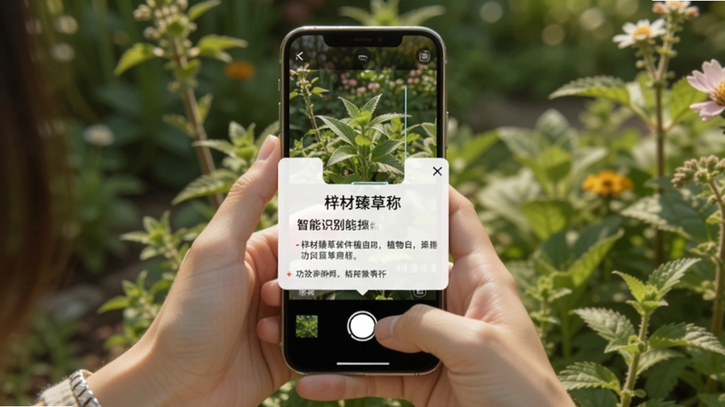 梓材臻草软件智能识别功能的操作界面截图预览,画面中一位用户正用手机拍摄一株绿色植物,屏幕中央显示识别结果弹窗,包含植物名称与功效简介,背景为阳光下的花园,色彩自然明亮,突出识别过程的便捷与准确。