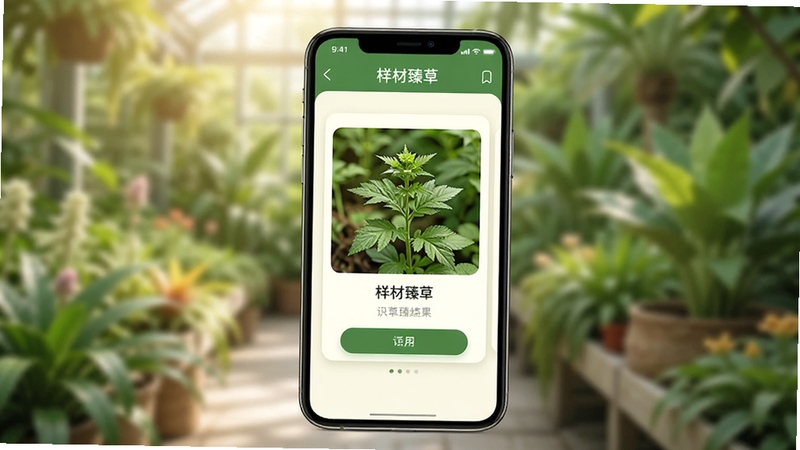 一张手机屏幕展示梓材臻草软件主界面的高清预览图,界面风格清新自然,主色调为绿色与米白色,中央显示一株草本植物的识别结果卡片,背景为模糊的户外植物园场景,整体光线明亮柔和,突出软件简洁易用的特点。